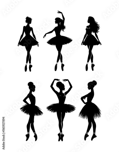 Set of ballerina girl black silhouettes performing the show on stage, dancing on pointe.