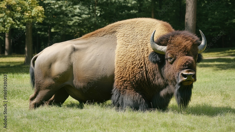 Fototapeta premium A bison standing in a grassy area surrounded by trees.