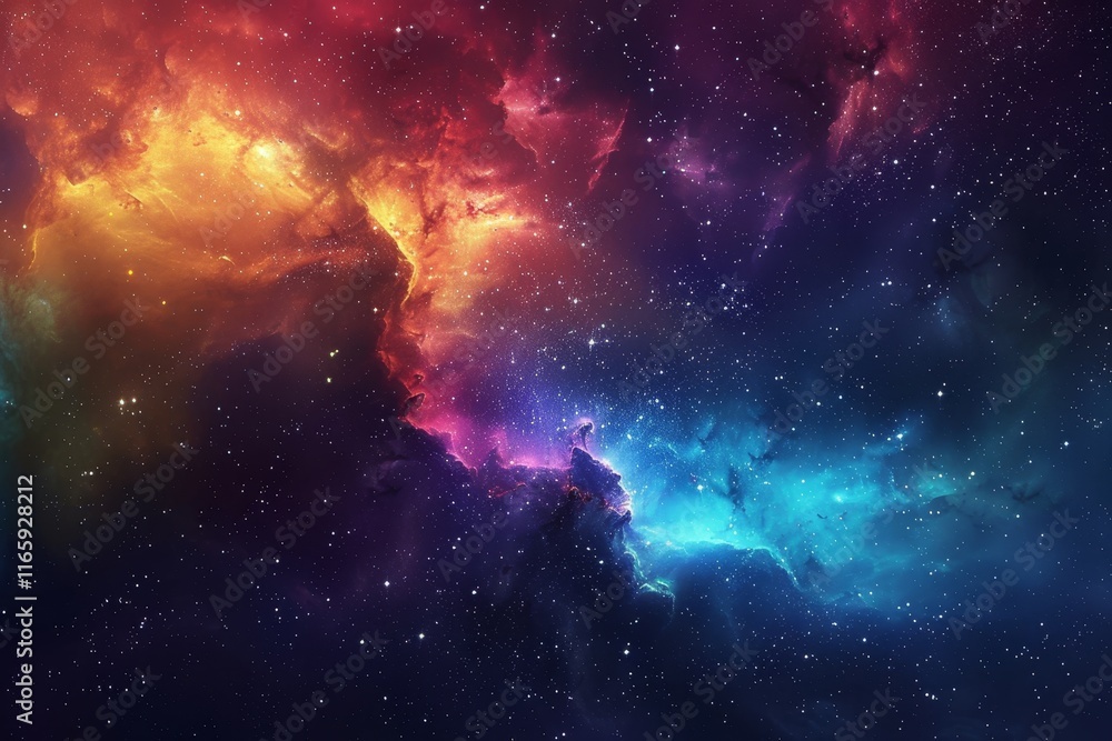 Obraz premium Colors swirl dramatically in a cosmic cloud of orange, blue, and purple hues, showcasing the beauty and mystery of the universe under a starlit backdrop.