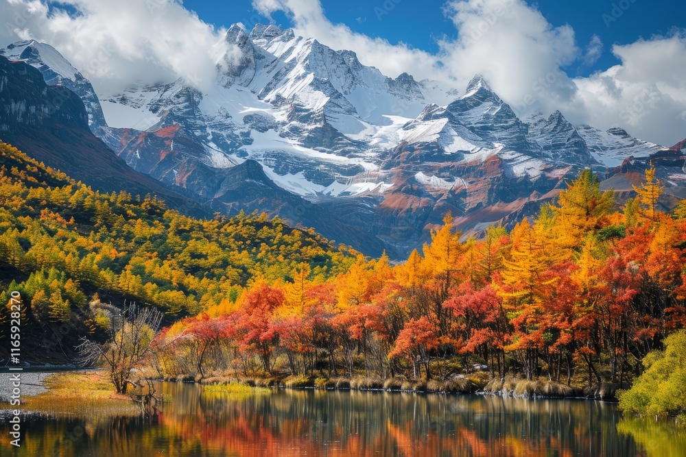Colorful autumn trees create a breathtaking view by a tranquil lake, mirroring the stunning snow-covered peaks under a bright blue sky during sunset. Colorful autumn trees create a breathtaking view by a tranquil lake, mirroring the stunning snow-covered peaks under a bright blue sky during sunset.