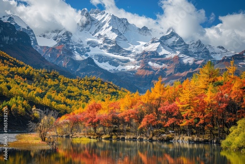 Wallpaper Mural Colorful autumn trees create a breathtaking view by a tranquil lake, mirroring the stunning snow-covered peaks under a bright blue sky during sunset. Torontodigital.ca