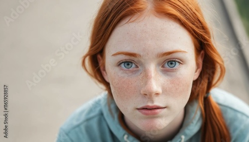 Close-up portrait of a young woman with red hair and freckles, looking directly at the camera. Her expression is serious and her eyes are a striking light blue.