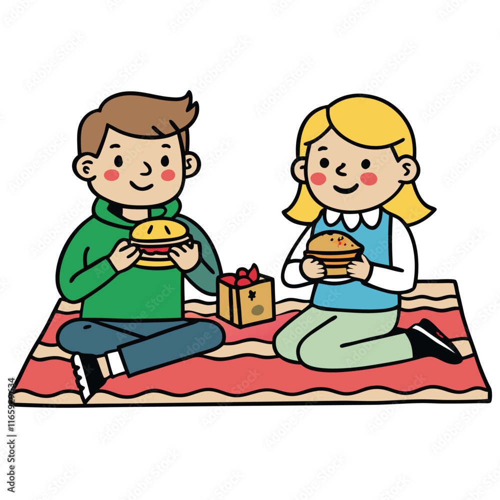 Two People Sharing Sandwiches on a Blanket - Cheerful Picnic Scene Two People Sharing Sandwiches on a Blanket - Cheerful Picnic Scene