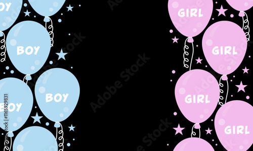 Gender party. Gender reveal or birthday party background with pink and blue balloons. Background for a children's gender party. Pink and blue balloons and confetti background with copy space