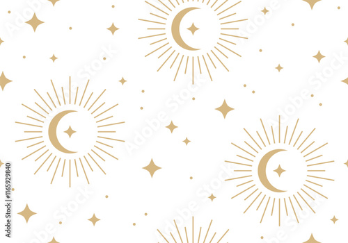Seamless pattern with dream design stars, moon. Golden Celestial Pattern. Seamless pattern with crescent moons and stars. Trendy modern vector illustration. Cute hand drawn flat design