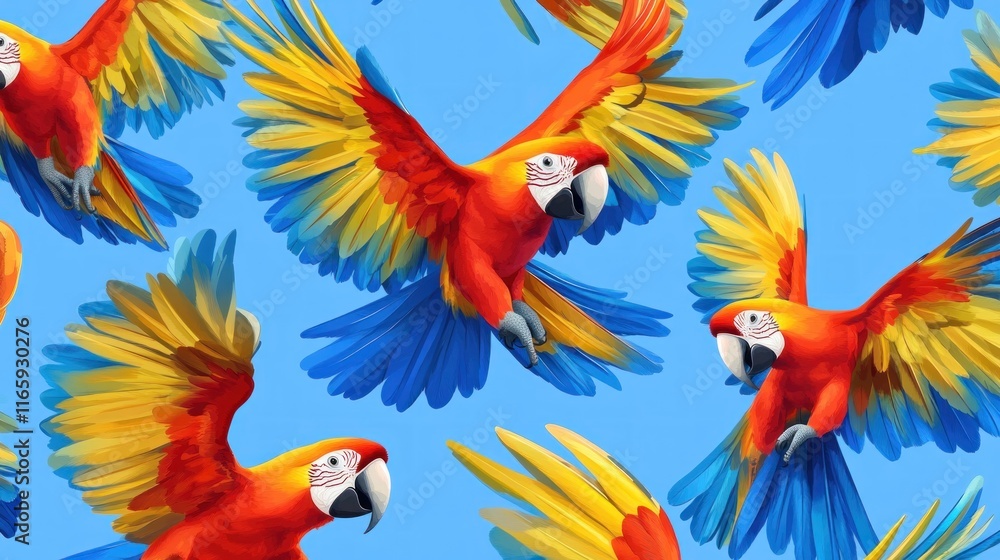 Obraz premium Colorful macaws in flight against a blue sky.