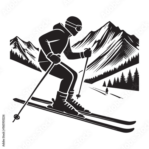 Skiing Silhouette Vector Illustration, Solid White Background.