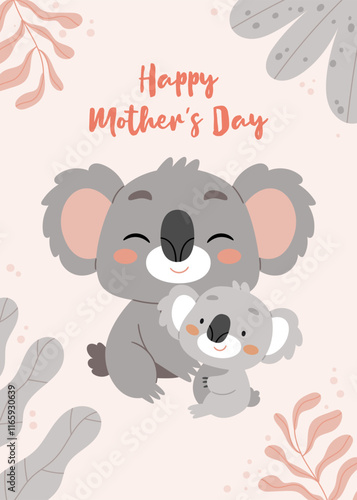 Mother koala and her baby. Mother's Day card in vintage colors in Scandinavian style.