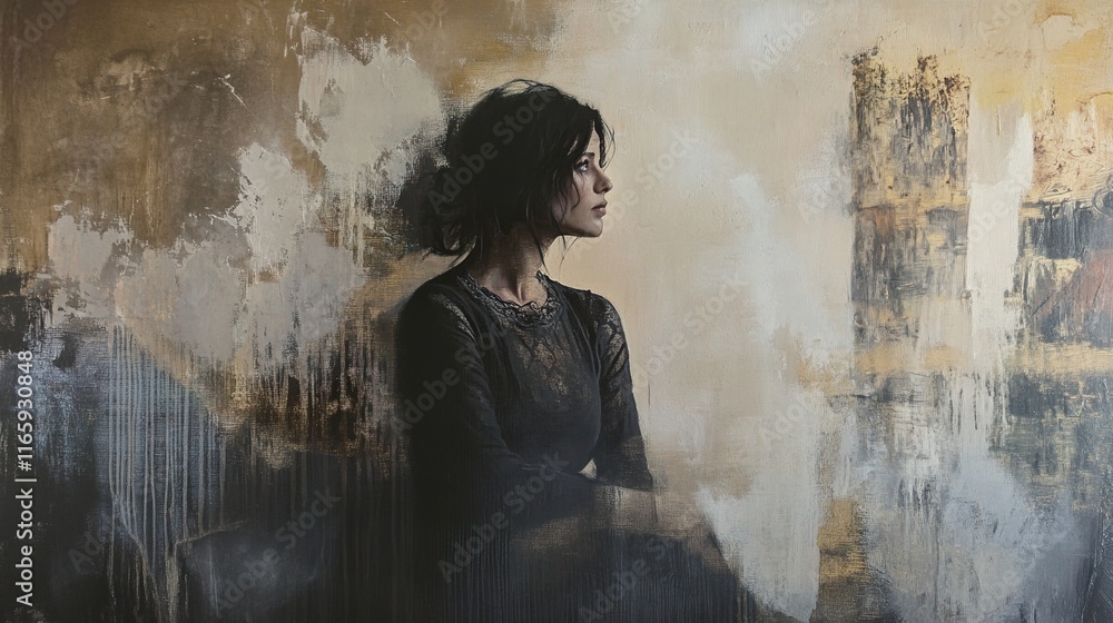 Obraz premium Contemplative Woman: Abstract Portrait Painting