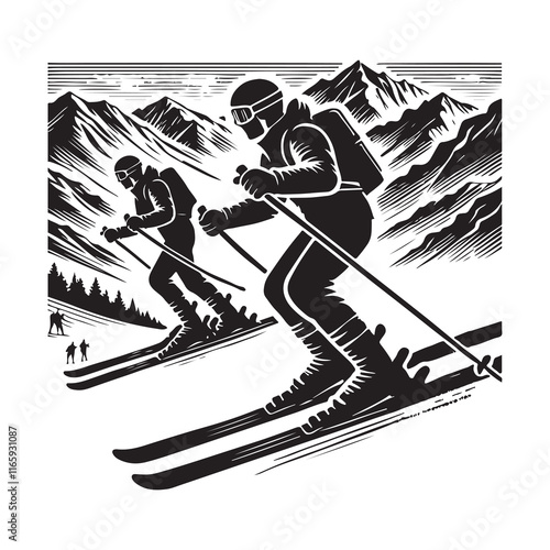 Skiing Silhouette Vector Illustration, Solid White Background.