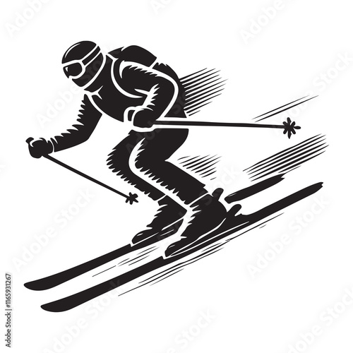 Skiing Silhouette Vector Illustration, Solid White Background.