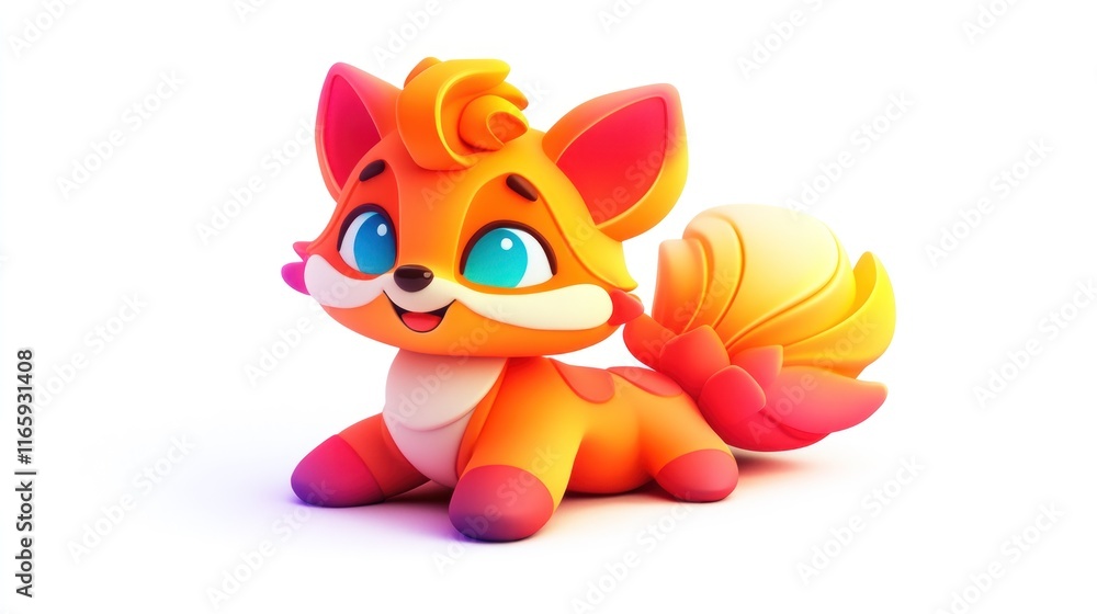 Fototapeta premium Cute cartoon fox cub with vibrant orange fur and large blue eyes, lying down on a white background.