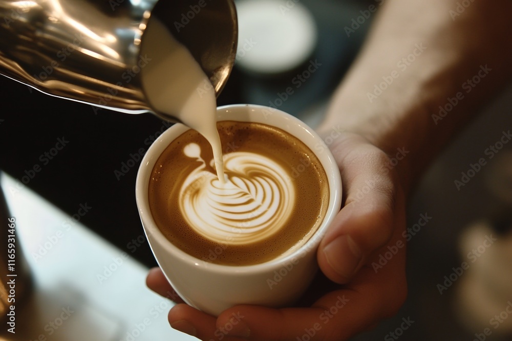 Barista Creating Latte Art with Milk in an American-Style Café Barista Creating Latte Art with Milk in an American-Style Café