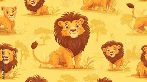 Cute cartoon lions seamless pattern.