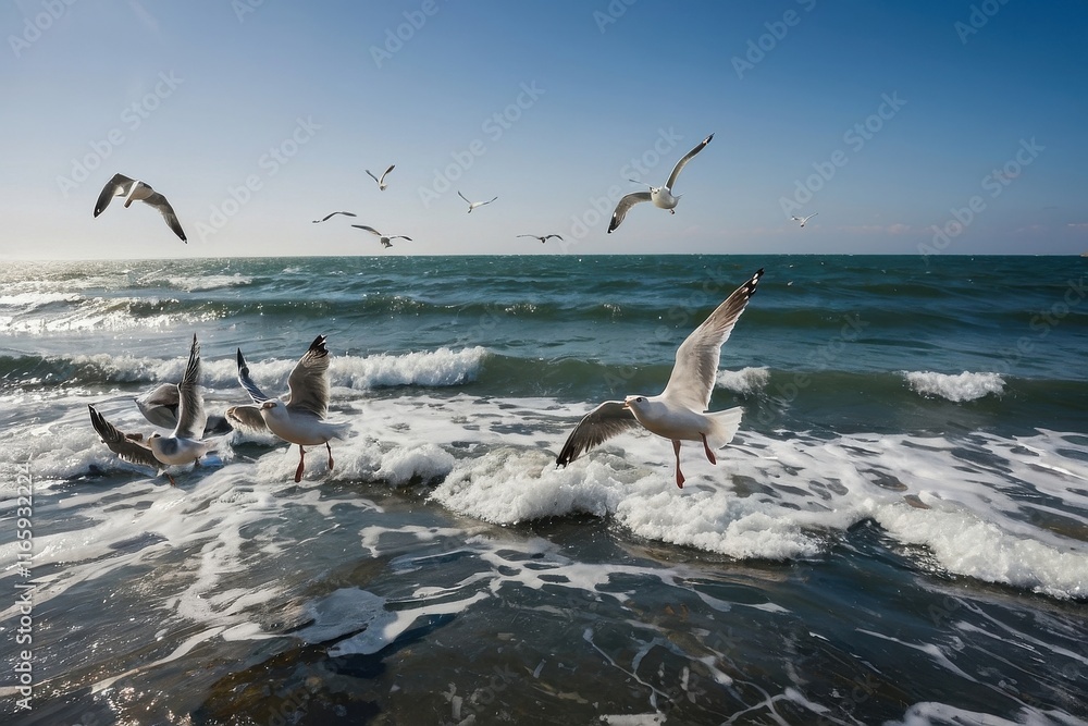 Fototapeta premium Seagulls flying over the sea