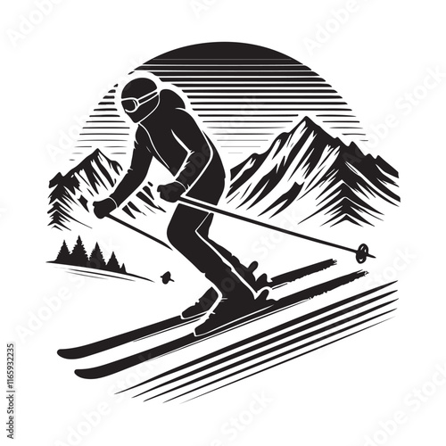 Skiing Silhouette Vector Illustration, Solid White Background.