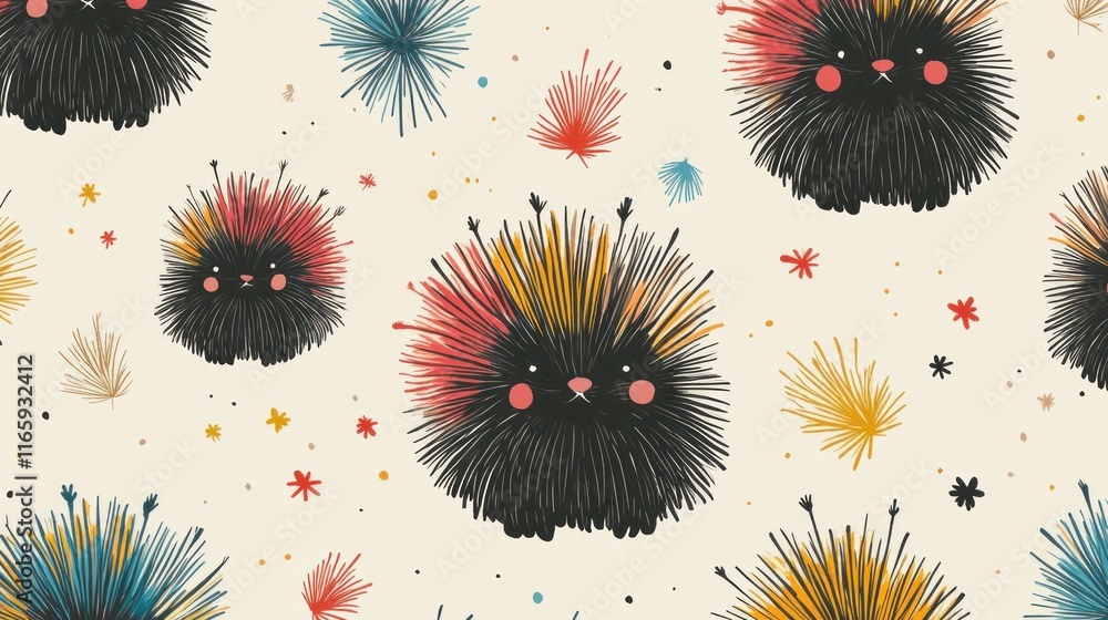 Cute fluffy creatures with colorful bursts on beige background. Cute fluffy creatures with colorful bursts on beige background.