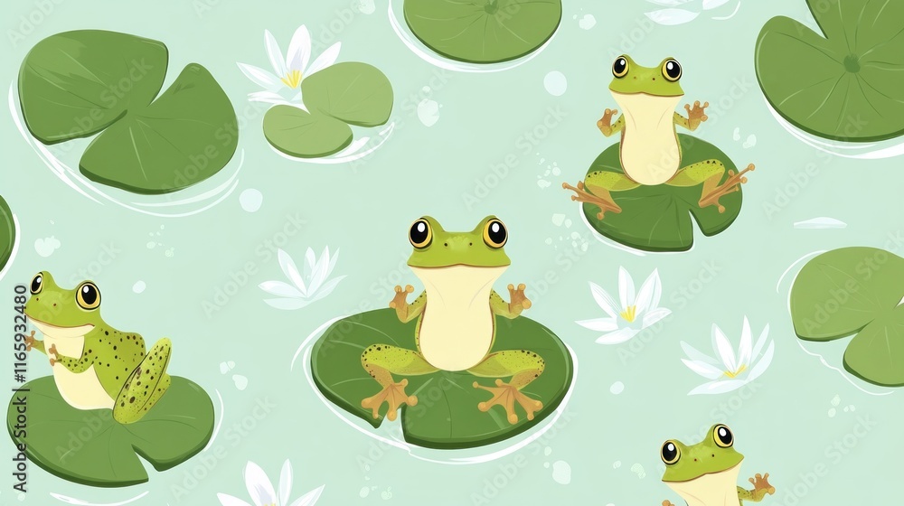 Fototapeta premium Cute green frogs meditating on lily pads in a pond.