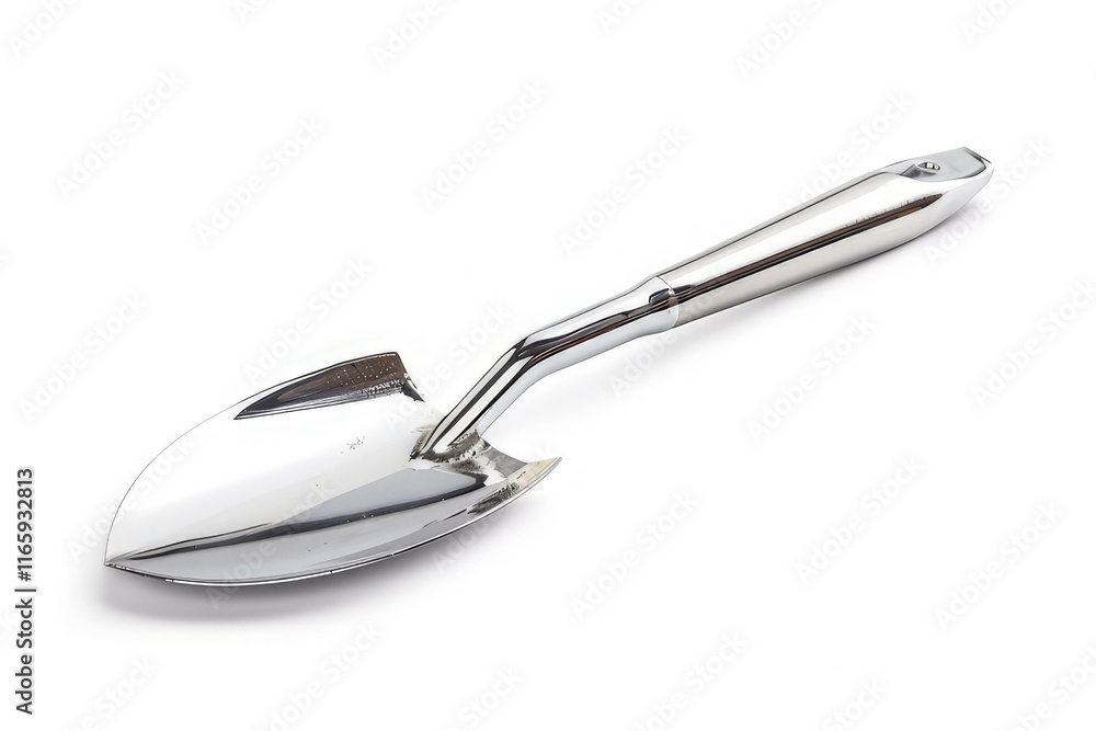 Fototapeta premium A shiny metal garden shovel designed for digging and planting. isolated on white background