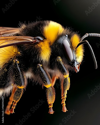 Detailed macro closeup shot of a bumblebee s legs coated in alarm pheromones to warn others of a potential threat captured in a high detail scientific style with natural lighting photo