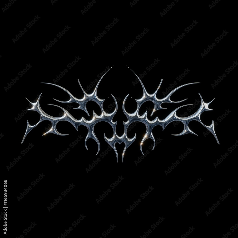 3D chrome metal shape. Y2k neo tribal icon. 3d rendering illustration on black isolated background.