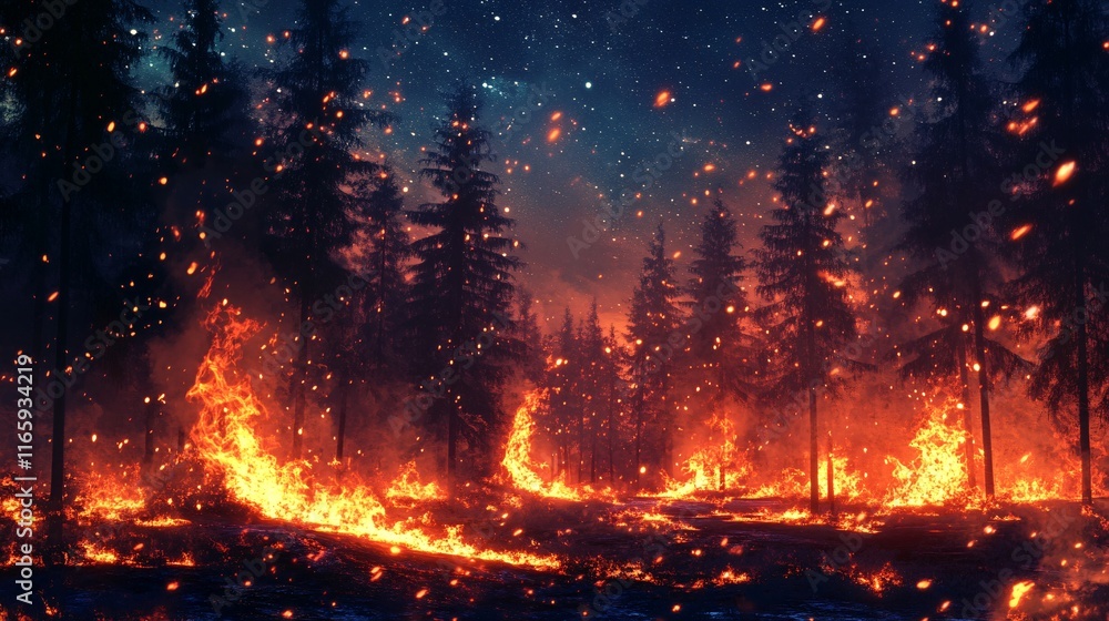 A dramatic scene of a forest fire under a starry night sky, showcasing powerful flames and glowing embers. A dramatic scene of a forest fire under a starry night sky, showcasing powerful flames and glowing embers.