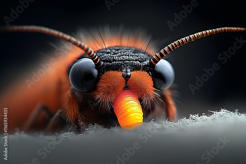 Extreme close up macro photograph showcasing the intricate details and patterns of a caterpillar s defensive glands which are secreting bright warning pheromones as a natural defense mechanism photo