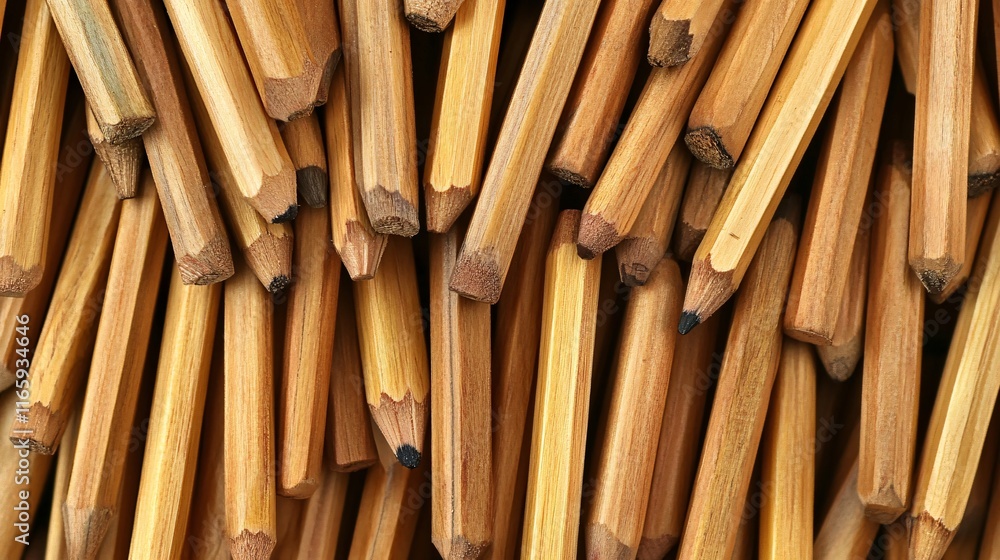 A close-up of sharpened wooden pencils arranged in a pile, showcasing their pointed tips and natural wood texture.