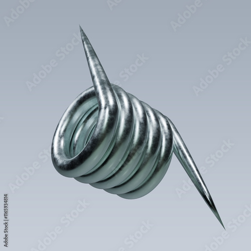 3d metallic shape shorter tail coil. Spring metal material, isolated on grey background photo