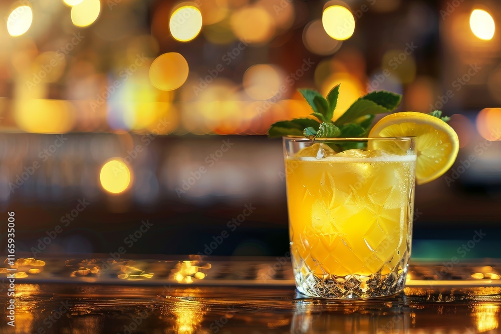 A vibrant cocktail with a slice of lemon and fresh mint rests on a polished bar counter, glowing in the warm light from the background during an evening celebration. A vibrant cocktail with a slice of lemon and fresh mint rests on a polished bar counter, glowing in the warm light from the background during an evening celebration.