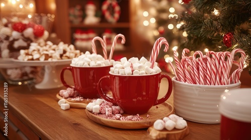 Festive holiday drink station featuring hot chocolate mugs, marshmallows, and candy canes