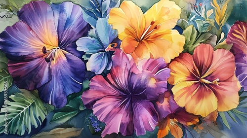 Wallpaper Mural A vibrant watercolor painting of multicolored hibiscus flowers in purple, yellow, and orange hues. Torontodigital.ca