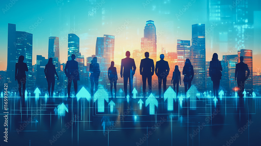 Abstract business team stands on the peak of success amid tall, innovative Smart city and graphs with statistics to analyze business potential and predict future developments in company growth. Abstract business team stands on the peak of success amid tall, innovative Smart city and graphs with statistics to analyze business potential and predict future developments in company growth.