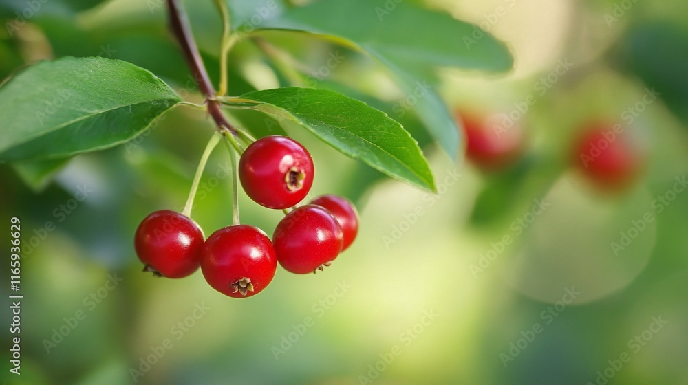 Close-up of vibrant red berries hanging from green leaves, showcasing nature's beauty and freshness in the garden. Close-up of vibrant red berries hanging from green leaves, showcasing nature's beauty and freshness in the garden.