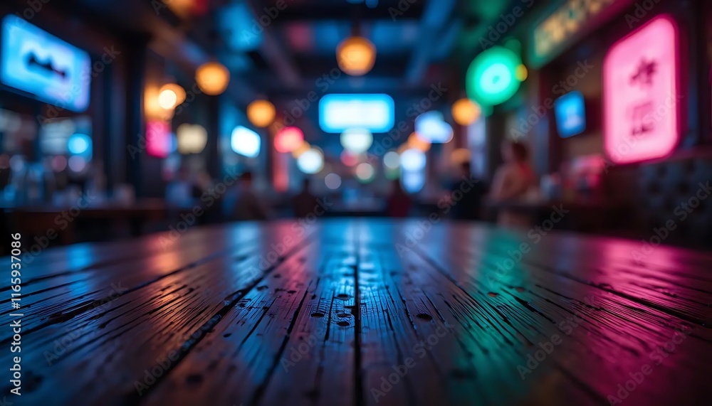 Wooden table with bokeh background, neon lights, and dark interior setting. Wooden table with bokeh background, neon lights, and dark interior setting.
