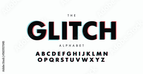 Vector distorted glitch font. Trendy style lettering typeface. Latin letters from A to Z and numbers from 0 to 9. Green and red channels.
