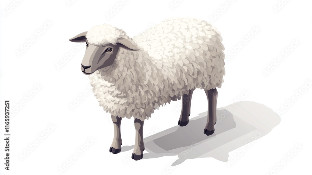 Fototapeta premium Isometric illustration of a fluffy white sheep, standing on a white background.