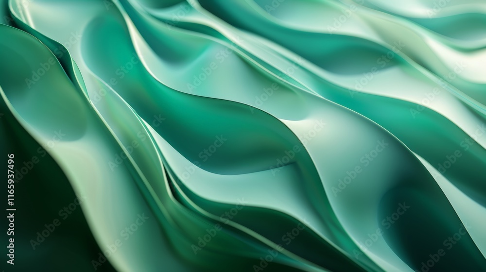 Obraz premium Smooth, undulating waves in an emerald green hue create a mesmerizing visual effect, perfect for backgrounds and design projects
