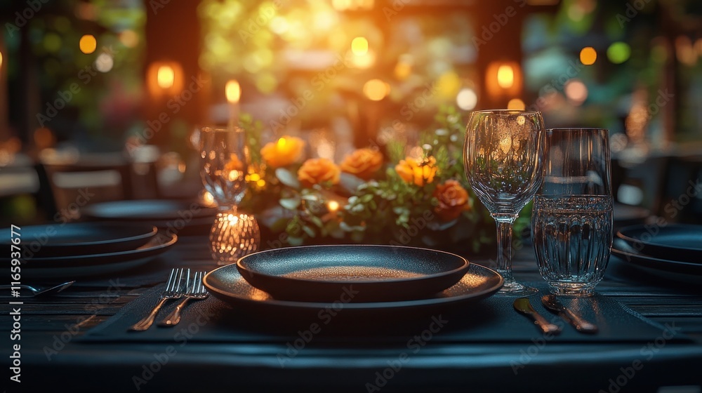 Elegant outdoor dinner table setting with floral centerpiece. Elegant outdoor dinner table setting with floral centerpiece.