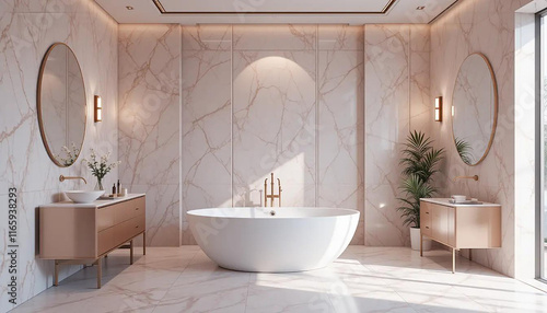 AI Generated: High-Resolution Elegant Bathroom JPG with White Tub, Marble Floor, Natural Light, Dual Sinks and Minimalist Decor for Home Interiors, Architecture and Lifestyle Concepts