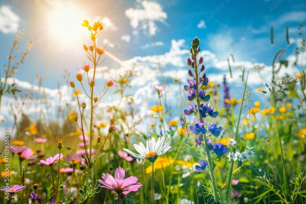 In a sunny field, wildflowers of different colors and shapes flourish under a clear blue sky, showcasing the beauty of nature in a lively and vibrant environment. In a sunny field, wildflowers of different colors and shapes flourish under a clear blue sky, showcasing the beauty of nature in a lively and vibrant environment.