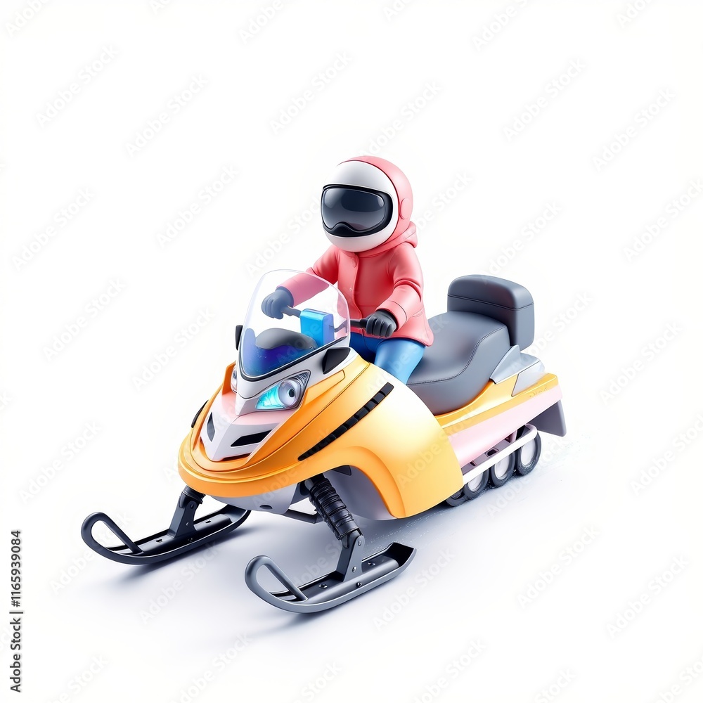 Person riding snowmobile with excitement on white background Person riding snowmobile with excitement on white background
