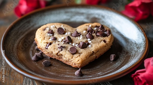 Delicious heart-shaped chocolate chip cookie on a decorative plate, surrounded by red roses.