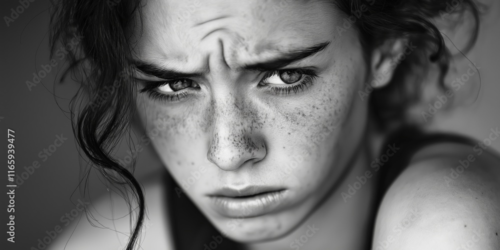 A striking black and white image capturing a woman's intense emotions. A striking black and white image capturing a woman's intense emotions.