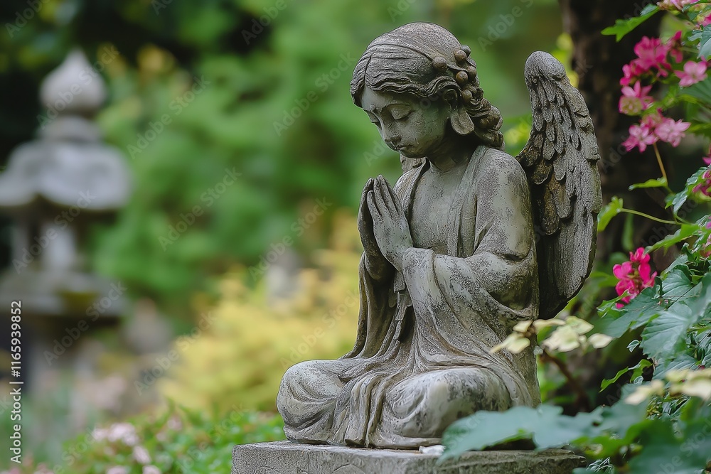 A serene angel statue with folded hands nestled in lush plants, symbolizing peace and spirituality.