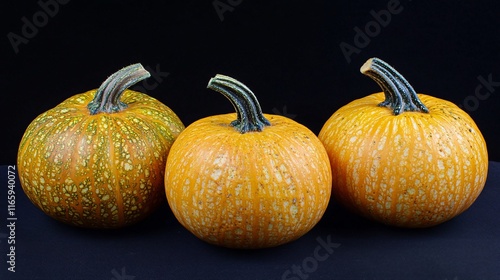 Three vibrant orange pumpkins with unique textures and patterns, set against a dark backdrop. photo