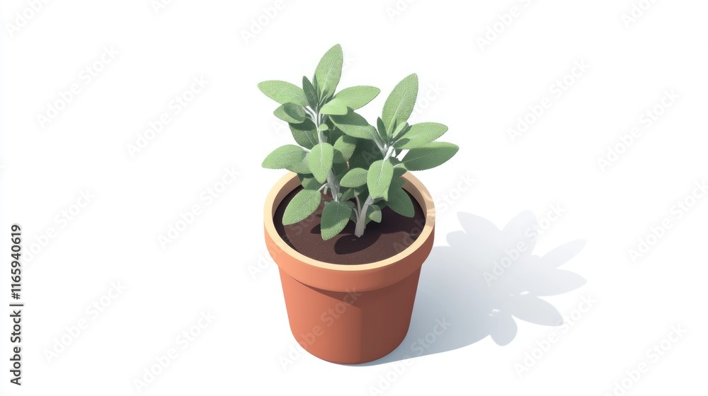 Low-poly 3D rendering of a sage plant in a terracotta pot. Low-poly 3D rendering of a sage plant in a terracotta pot.