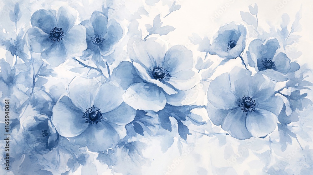 Fototapeta premium A serene watercolor painting featuring delicate blue flowers, evoking tranquility and calmness.