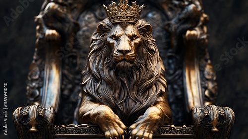 Majestic lion sculpture adorned with a crown, seated regally on an ornate throne, symbolizing strength and power. photo