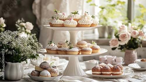 Wallpaper Mural Elegant tiered dessert stand with small cakes, pastries, and flowers on a table. Torontodigital.ca